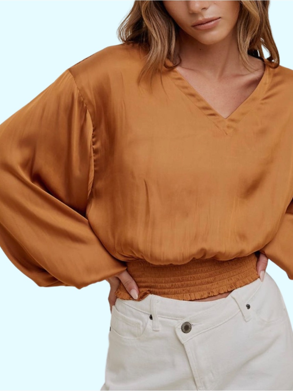 Wishlist Satin V-Neck Smocked Waist Balloon Sleeve Blouse Camel Browns
